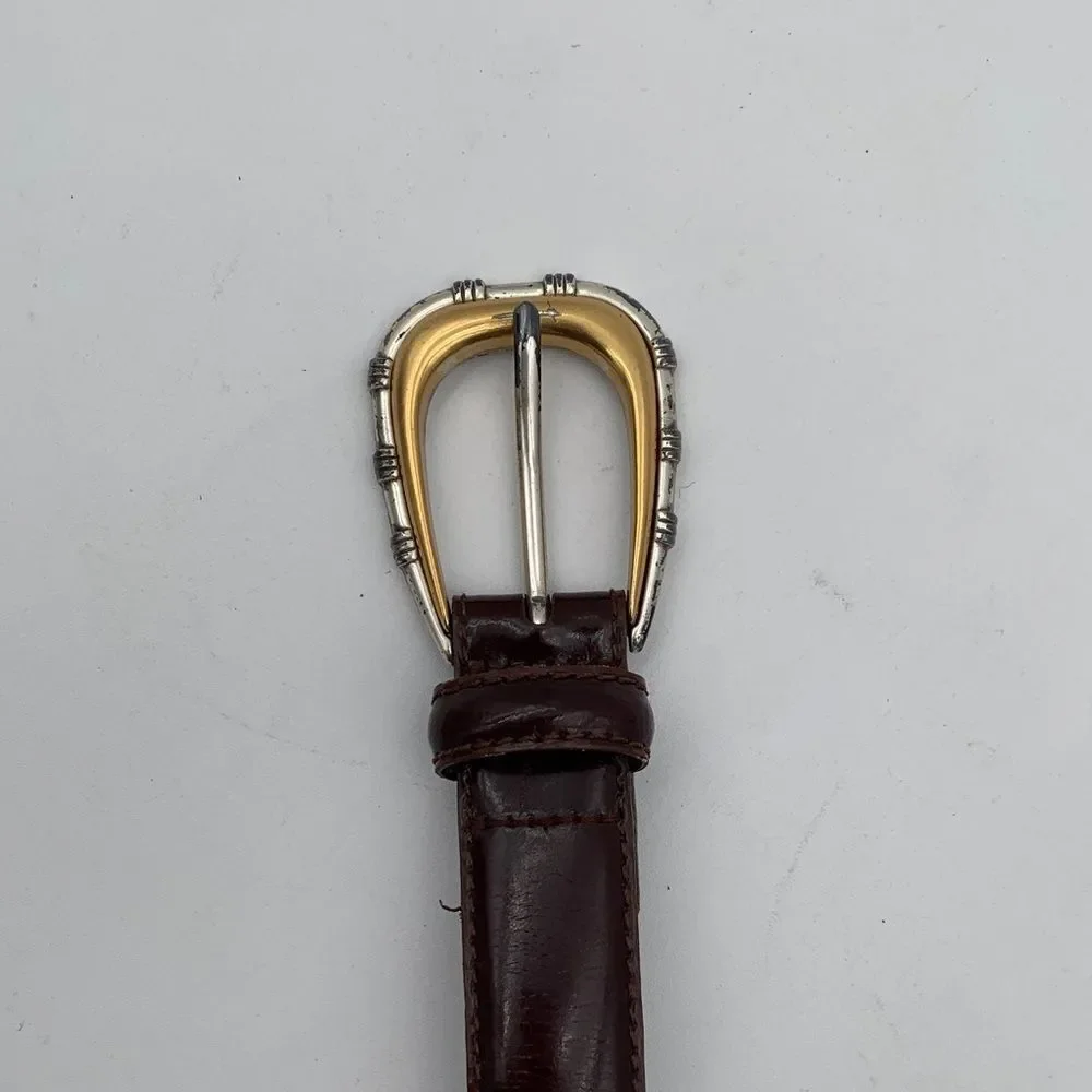 Fossil Brown Leather Belt Two Tone Gold Silver Buckle Western